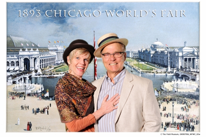 dapper couple pose for 1893 chicago world fair theme post card printed onsite, green screen photobooth at Chicago Field Museum