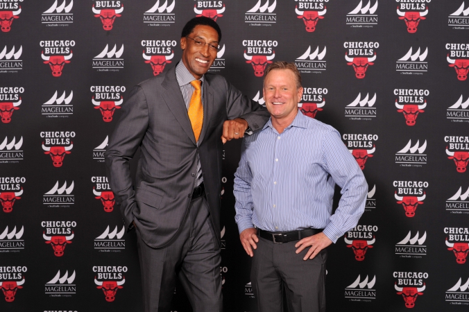 Scottie Pippen poses with Chicago Bulls sponsor for step repeat photo, Bulls Sponsor Summit 2014, 8x10 photo printed on location by fab photo