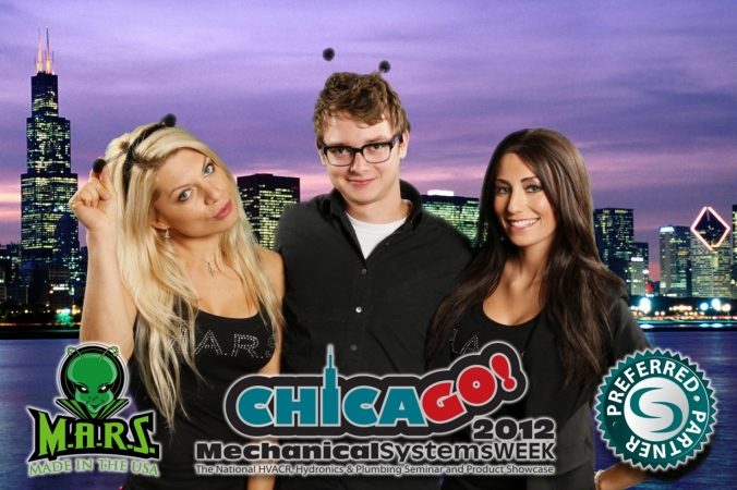 Ricky Kluge and two bodacious booth babes, green screen photobooth for MARS workwear, Chicago mechanical systems week trade show, schaumburg