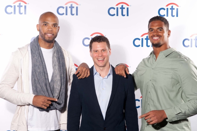 taj gibson and corey wootton pose with fan at private corporate event, bulls and bears, chicago