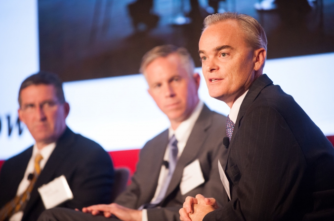 PwC panel discussion, close up conference photography of panelist, chicago stock exchange building