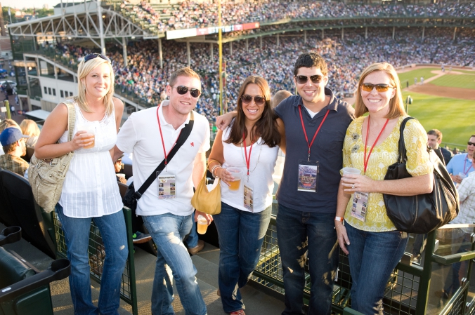 group candid photo at cubs rooftop event