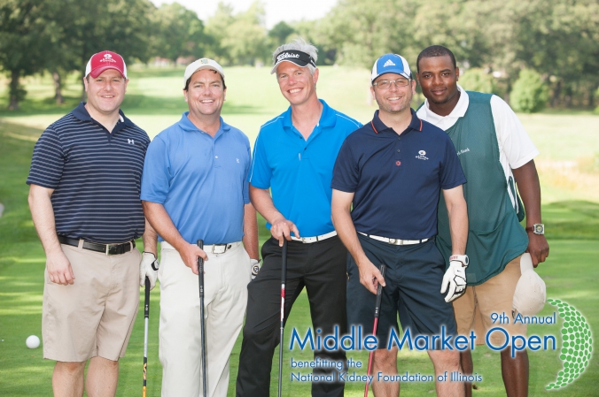 foursome plus caddy pose for group golf photo, logo branded and printed instantly onsite by fab photo chicago