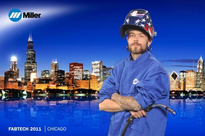 miller welding hero, poses on chicago skyline thanks to green screen photography, fabtech tradeshow, mccormick place, chicago