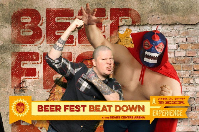 tattoo sleeve beer fan poses with mexican wrestler, green screen photo activity, beer fest beatdown, sears center arena
