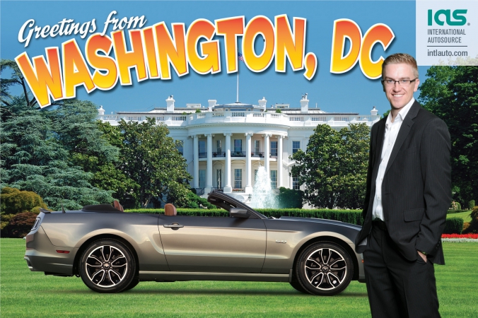 handsome man poses with expensive car, green screen photo postcard printed at event, hilton chicago
