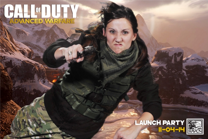 girl leaps through air with guns, call of duty, advanced warfare, launch party, green screen photo activity