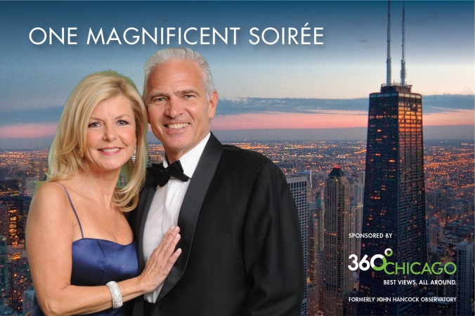 black tie couple takes fabulous posed green screen portrait, magnificient mile association annual gala, one magnificient soiree