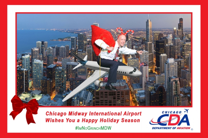 man rides 747 over chicago skyline wearing candy cane hat, green screen photography by fab photo, chicago, holiday social media campaign with onsite printing, midway airport, sponsored by CDA