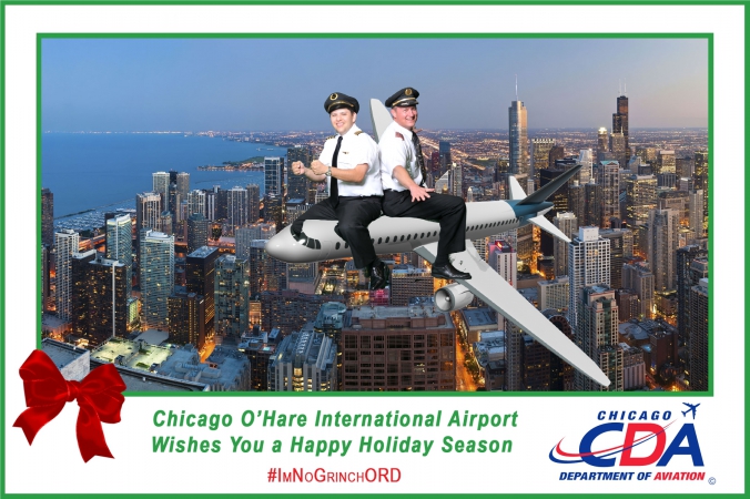 2 pilots ride airplane flying over chicago ohare airport, green screen photography sponsored by chicago department of aviation