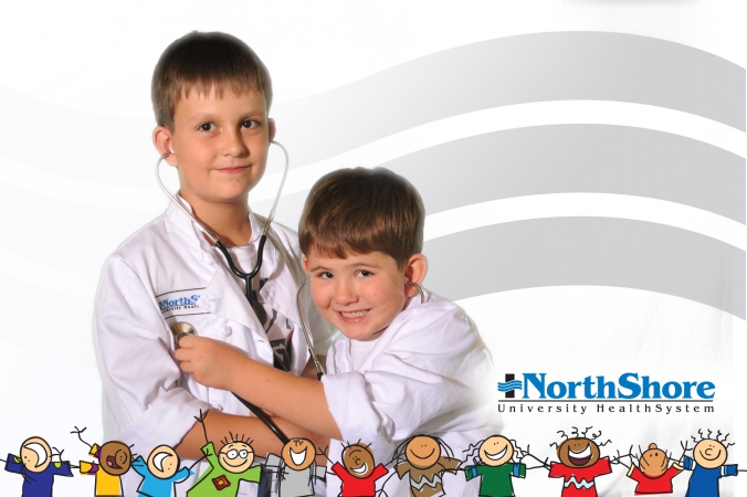 Northshore Health trade show at Kohl's Children's Hosptial, logo branded green screen photo handed out instantly on site