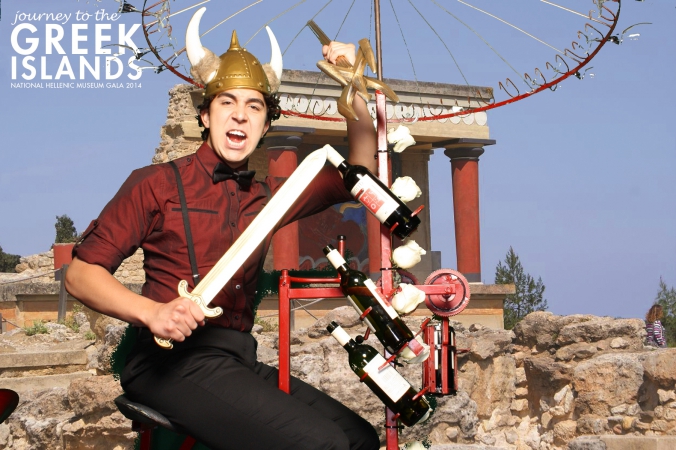 infamous red moon wine bicycle appears on the green screen photo booth, greek islands, hellenic museum fundraiser, radison blu