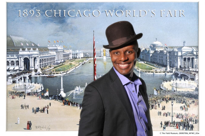 dapper young gentleman appears at 1893 worlds fair, green screen photography with photos printed onsite turned into postcards