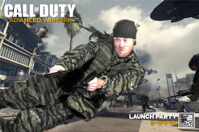 raven software game designers leaps through air shooting guns, green screen photography at launch party event, call of duty advanced warfare