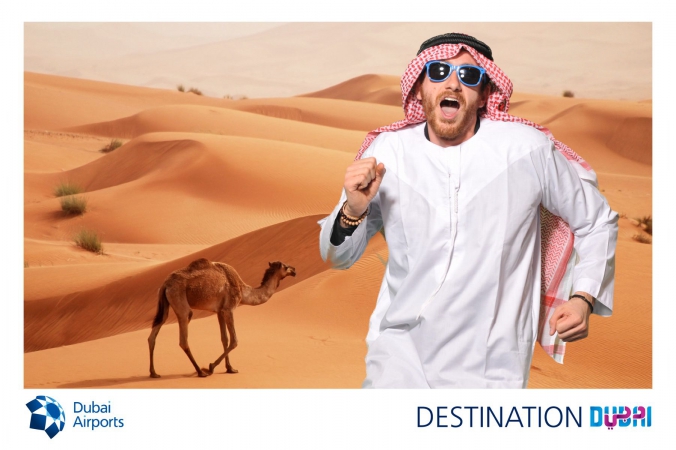 running freak, dubai desert, green screen  photo turned into postcard onsite