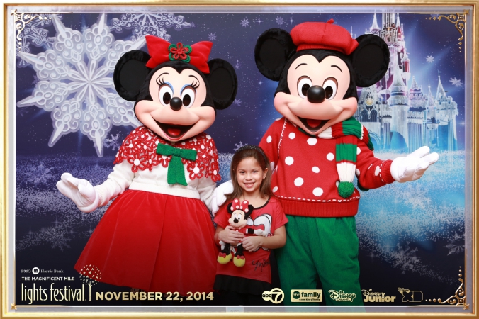 different companies sponsor photobooth, logo branded photo print at disney character appearance, mickey minnie mouse, chicago mag mile lights festival