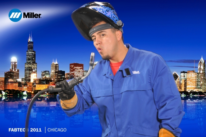 miller welding hero leaves green screen photobooth at tradeshow with logo branded onsite photo print, mccormick place, fabtech