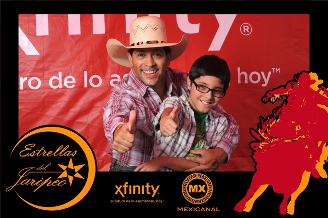xfintiy and mexicanal use logo branded overlay on photo print giveaway and a tv star from mexico, mexican tv show estrellas del jaripeo, to promote its brand at fiesta del sol, chicago