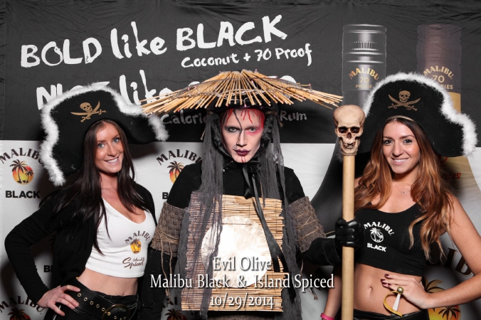 step and repeat photo activity with onsite printing for malibu black rum, halloween, evil olive, chicago