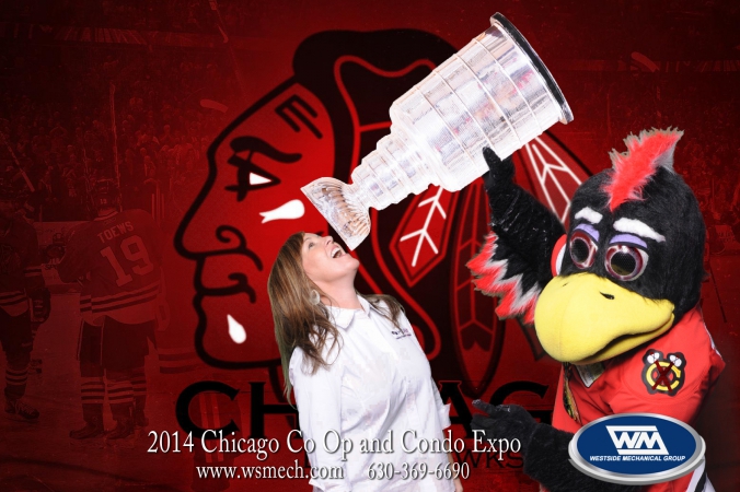green screen photo activity with onsite printing, 2014 chicago co op condo expo at navy pier, featuring tommy hawk from chicago blackhawks